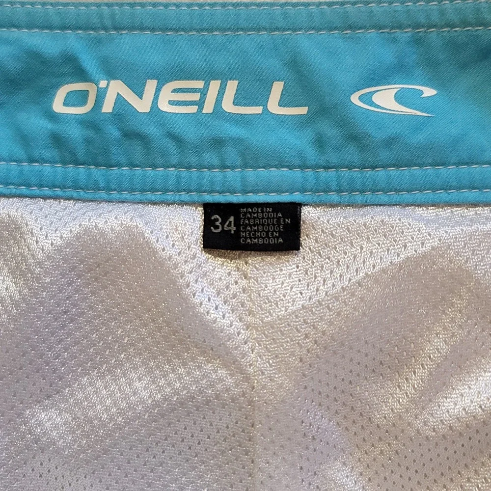 O'Neill Board Shorts Mens 34 White Blue Plaid Cargo Pocket Surf Beach Quick Dry